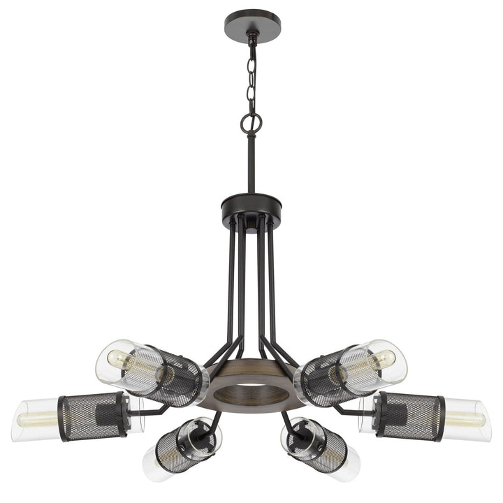 60W X 6 SAVONA PINE WOOD/METAL CHANDELIER WITH DOUBLE LAYER GLASS/METAL MESH SHADE. (EDISON BULBS NOT INCLUDED) Cal Lighting
