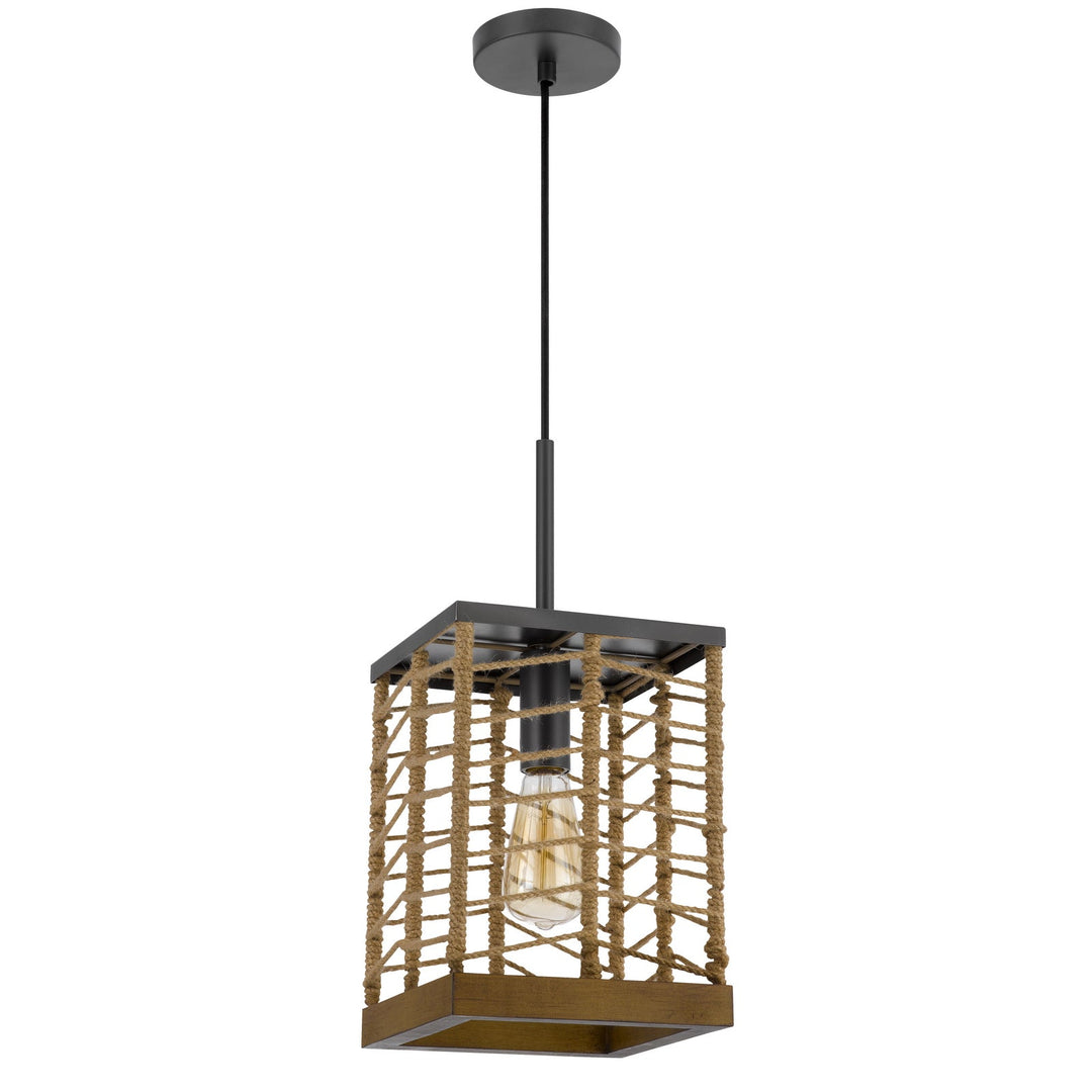 Winfall 60W metal with birch wood bottom trim square pendant with burlap roped shade Cal Lighting