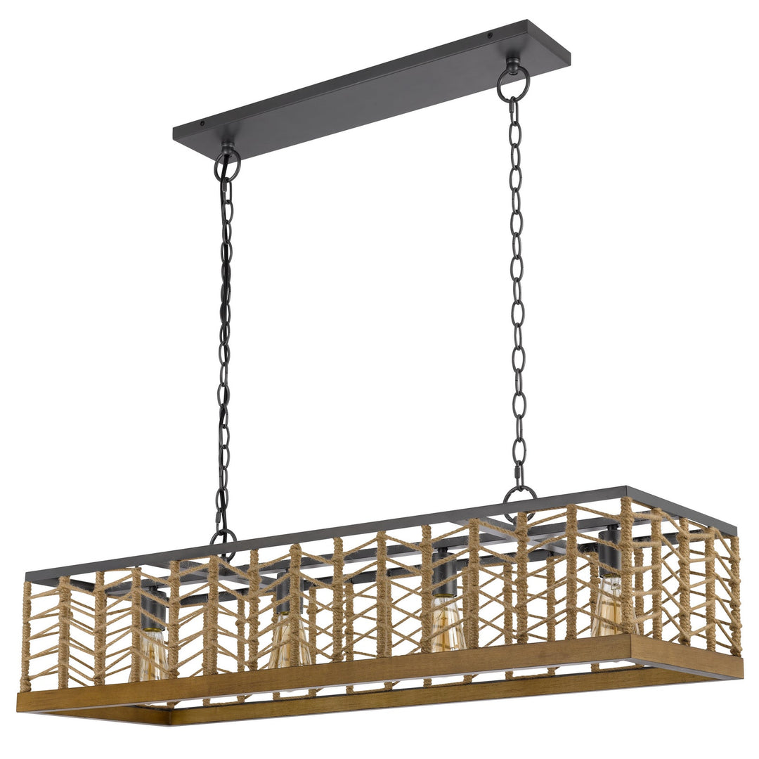 Winfall 60W x 4 metal with birch wood bottom trim square pendant with burlap roped shade Cal Lighting