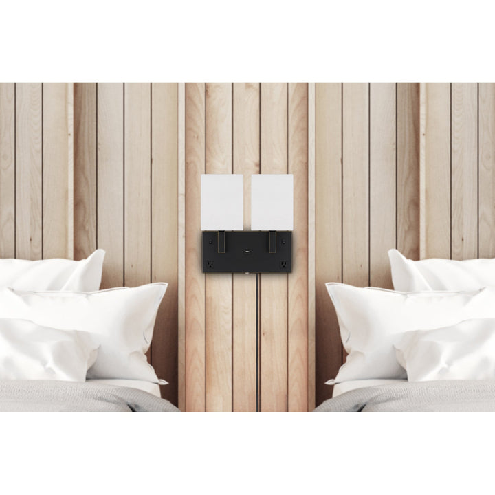 40W X 2 OBERLIN WALL LAMP WITH 2 POWER OUTLETS AND 1 USB CHARGING PORT Cal Lighting