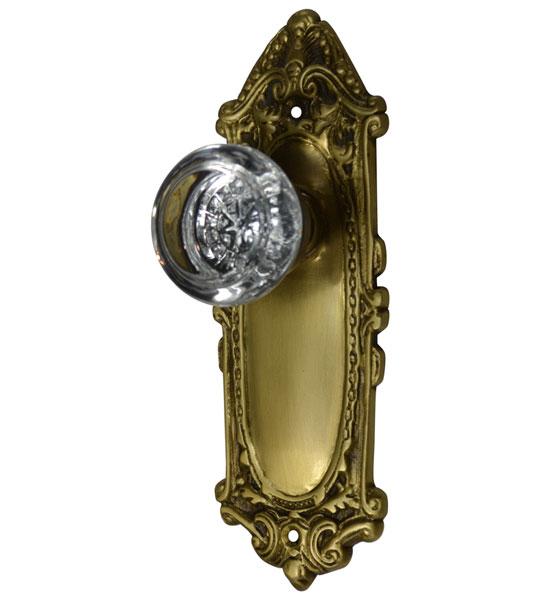 ##Antique Hardware## Ornate Victorian Long Backplate Door Set with Crystal Round Door Knobs (Several Finishes Available)