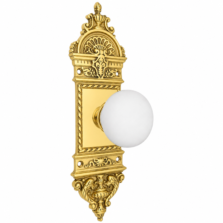 L'Enfant Small Backplate Door Set with White Porcelain Door Knobs (Several Finishes Available)