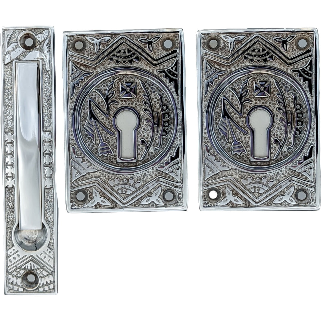 COPPER MOUNTAIN HARDWARE Oriental Pattern Pocket Passage Style Door Set (Polished Chrome Finish)