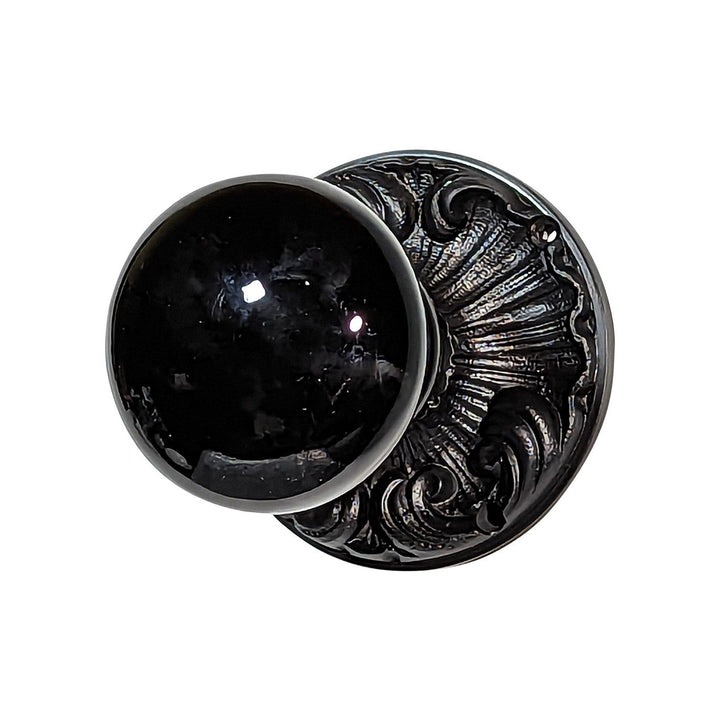 ##Antique Hardware## Black Porcelain Door Knob Set with Romanesque Rosette