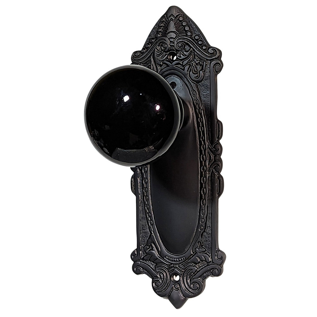 ##Antique Hardware## Black Porcelain Door Knob Set with Largo Design Backplate