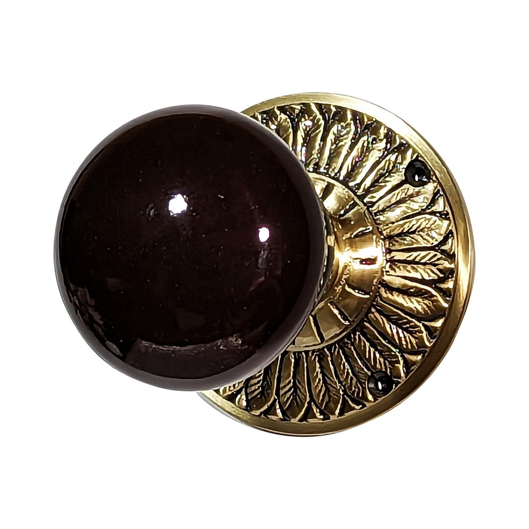 ##Antique Hardware## Brown Porcelain Door Knob with Brass Feathers Rosette