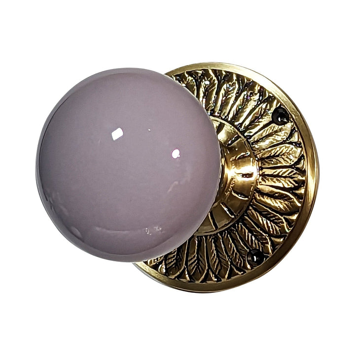 ##Antique Hardware## Grey Porcelain Door Knob with Brass Feathers Rosette