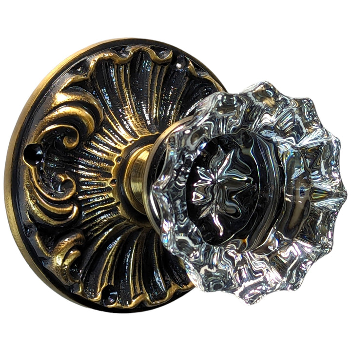 ##Antique Hardware## Romanesque Rosette Door Set with Fluted Crystal Door Knobs (Several Finishes Available)