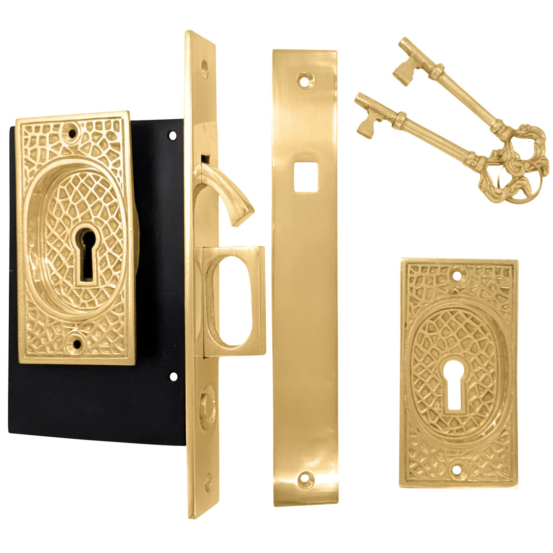 ##Antique Hardware## Craftsman Pattern Single Pocket Privacy (Lock) Style Door Set