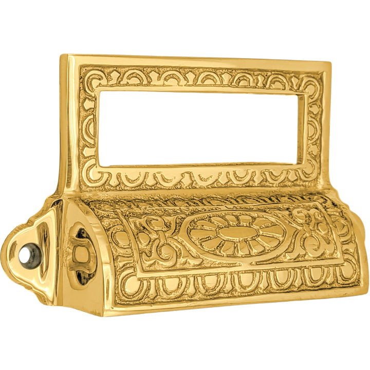 4 1/8 Inch Overall (3 1/2 Inch c-c) Solid Brass Victorian Label Style Bin Pull