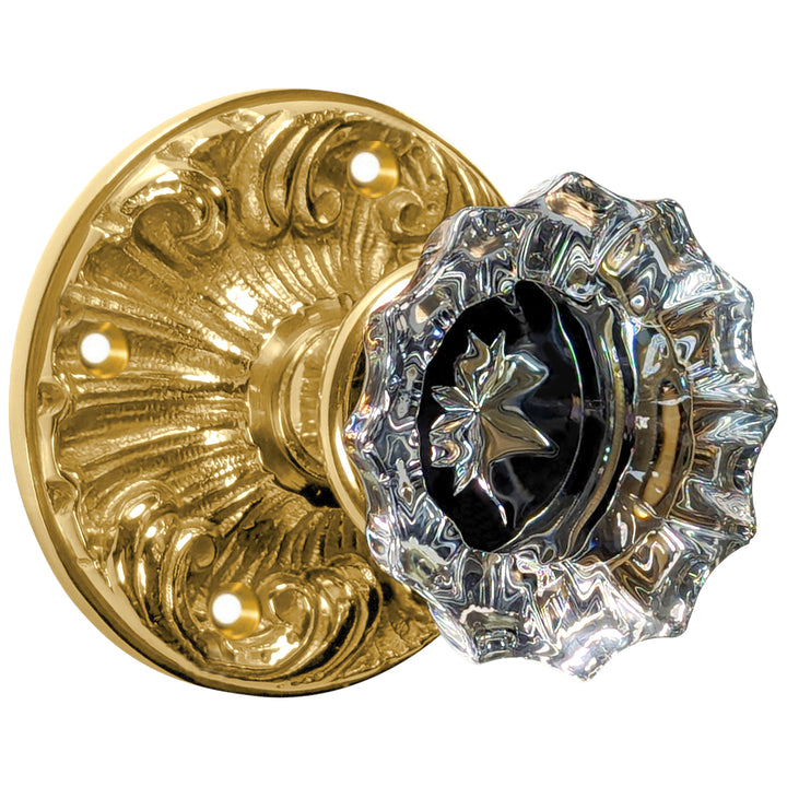 Romanesque Rosette Door Set with Fluted Crystal Door Knobs (Several Finishes Available)