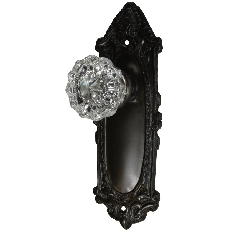 ##Antique Hardware## Ornate Victorian Long Backplate Door Set with Crystal Fluted Door Knobs (Several Finishes Available)