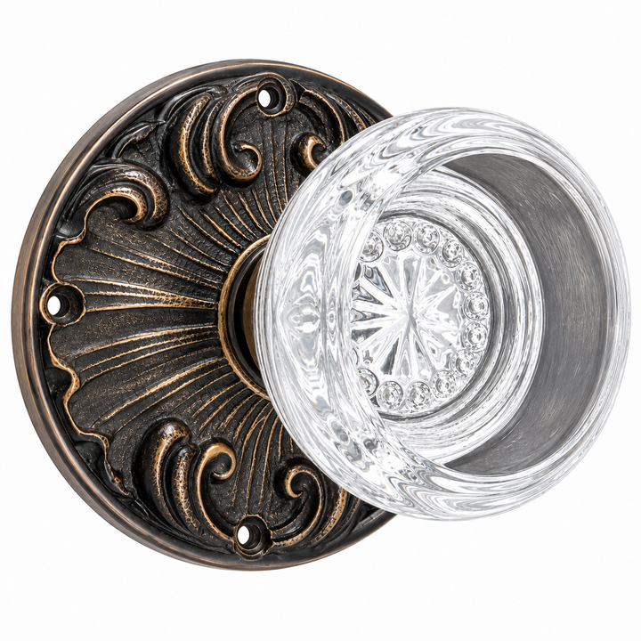 Romanesque Rosette Door Knob Set with Round Crystal Door Knobs (Several Finishes Available)