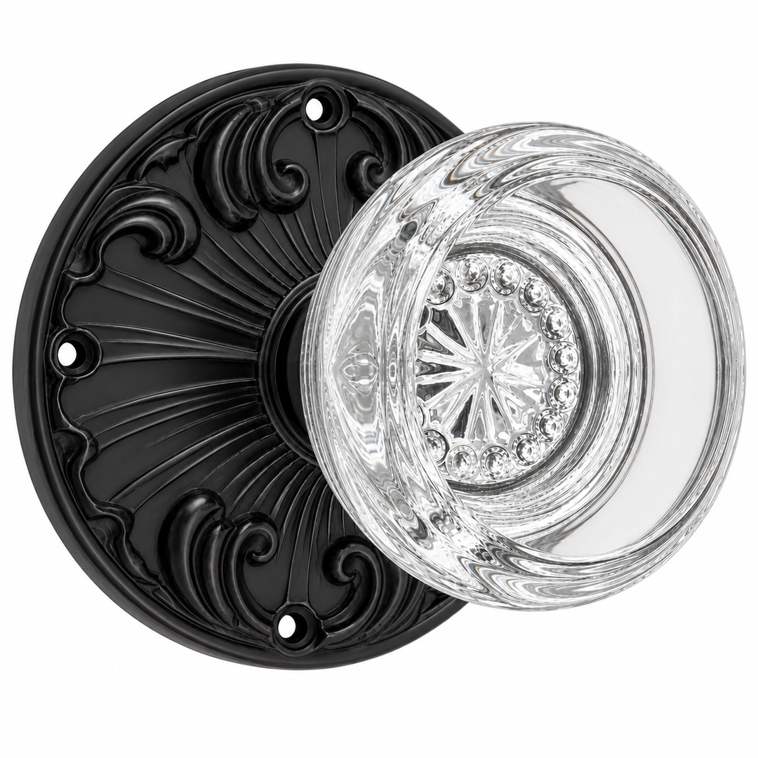 Romanesque Rosette Door Knob Set with Round Crystal Door Knobs (Several Finishes Available)