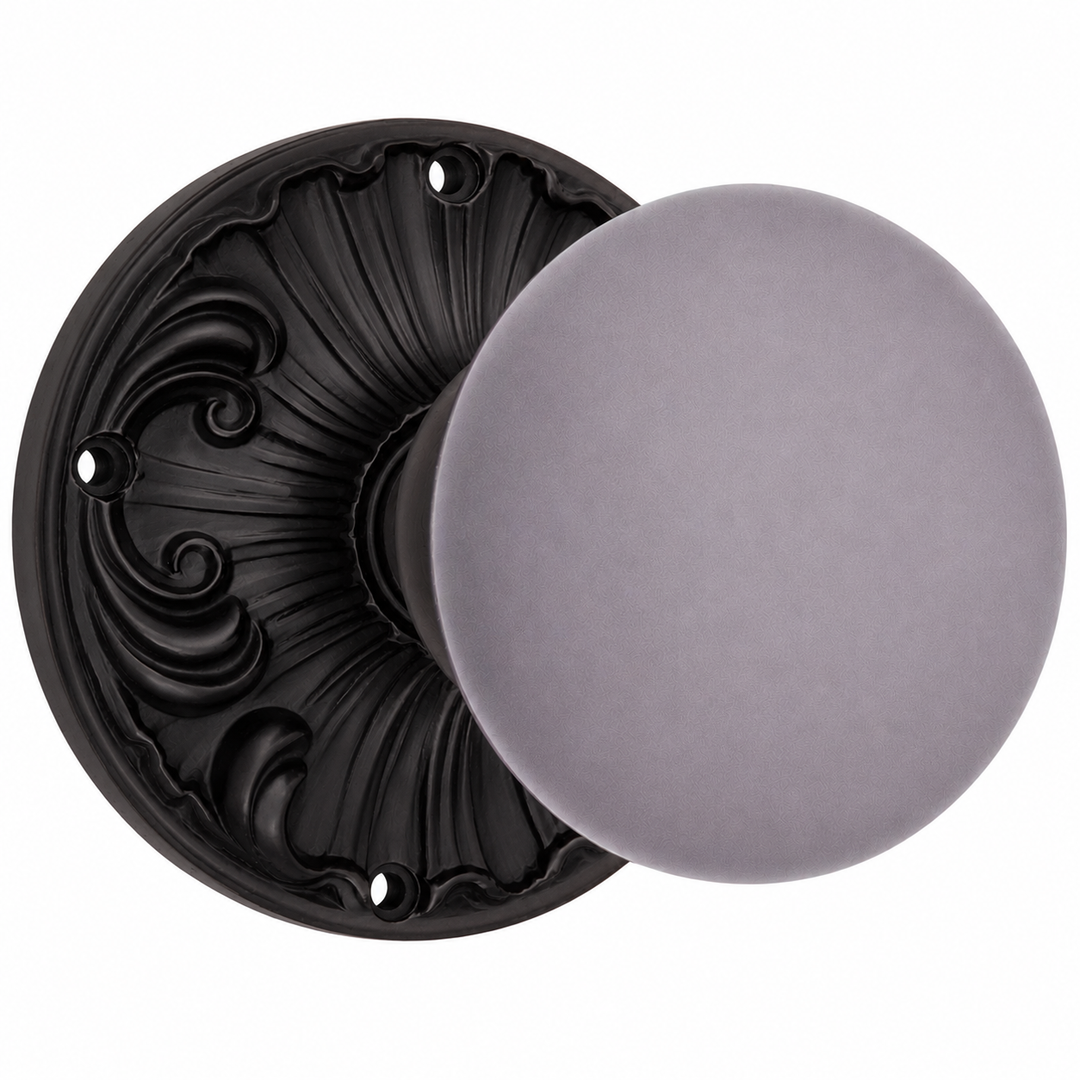 Grey Porcelain Door Knob Set with Romanesque Rosette