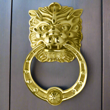 Copper Mountain Hardware 8 3/8 Inch (4 Inch c-c) Solid Brass Regal Lion Door Knocker (Polished Brass Finish)