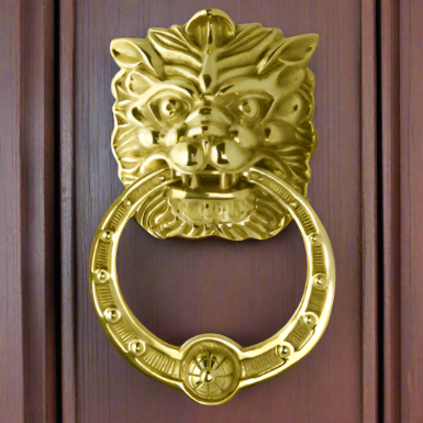 Copper Mountain Hardware 8 3/8 Inch (4 Inch c-c) Solid Brass Regal Lion Door Knocker (Polished Brass Finish)