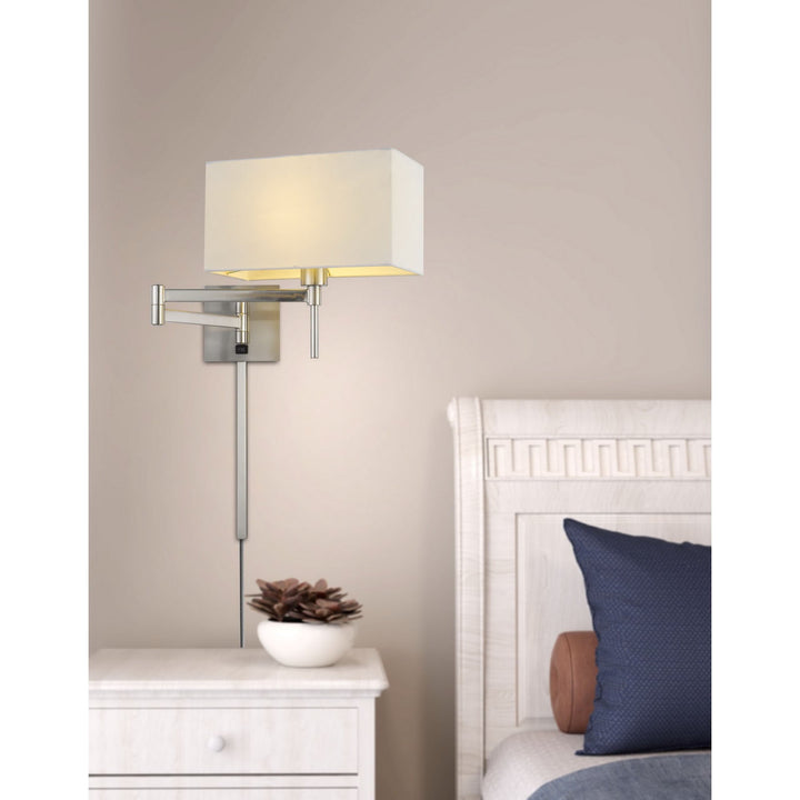 60W ROBSON WALL SWING ARM READING LAMP WITH RECTANGULAR HARDBACK FABRIC SHADE. 3 FT WIRE COVER INCLUDED. Cal Lighting