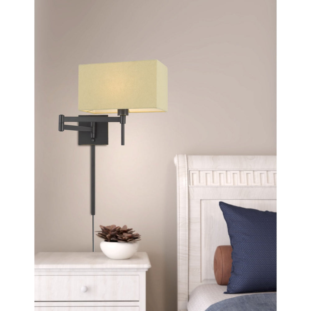 60W ROBSON WALL SWING ARM READING LAMP WITH RECTANGULAR HARDBACK FABRIC SHADE. 3 FT WIRE COVER INCLUDED. Cal Lighting