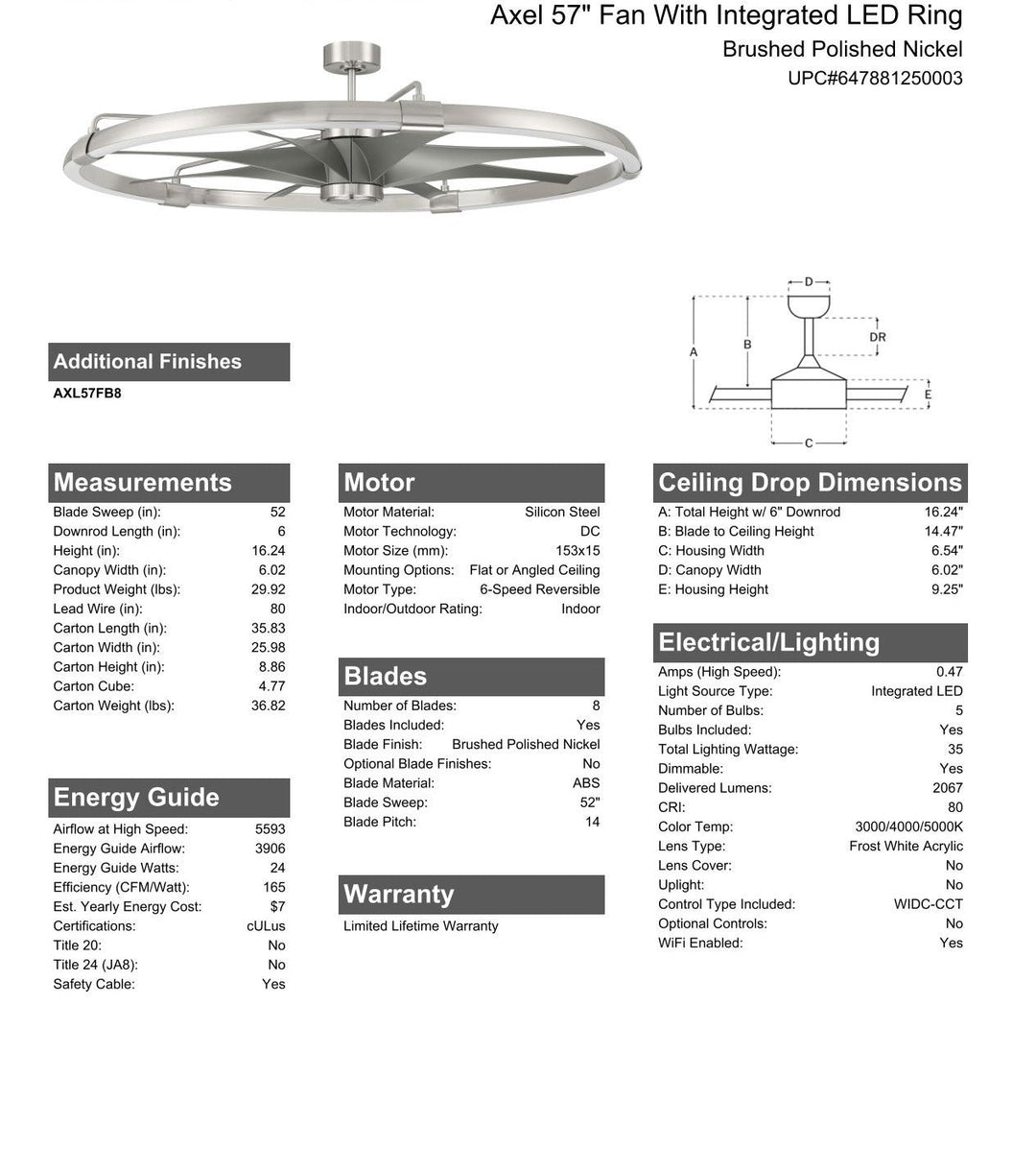 CRAFTMADE 52" Axel in Brushed Polished Nickel w/ Brushed Nickel Blades