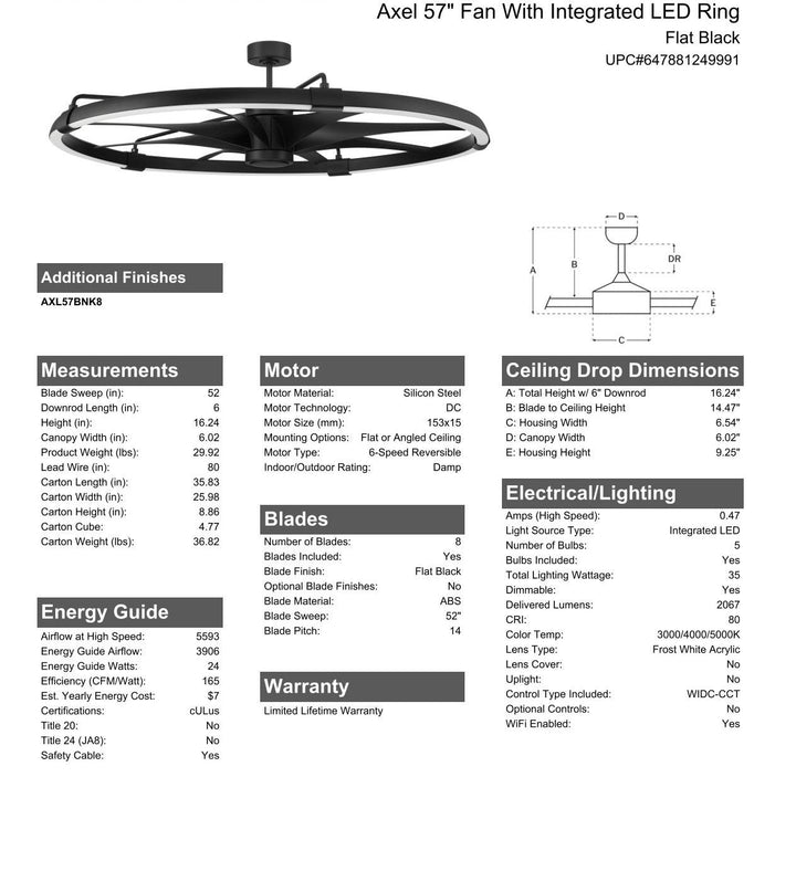 CRAFTMADE 52" Axel Indoor/Outdoor (Damp) in Flat Black w/ Flat Black Blades