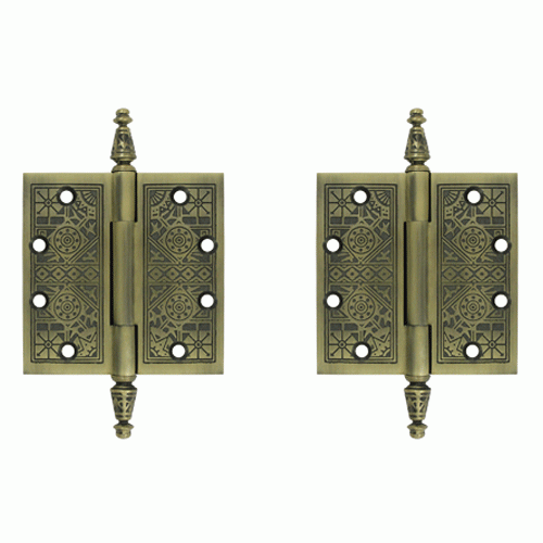 DELTANA 4 1/2 X 4 1/2 Inch Solid Brass Ornate Finial Style Hinge (Antique Brass Finish)