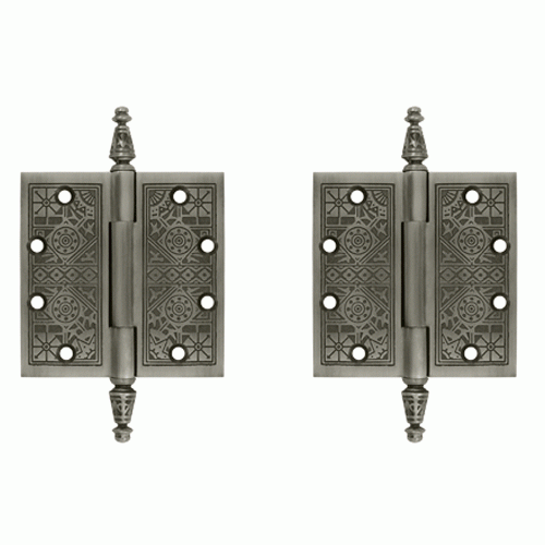 DELTANA 4 1/2 X 4 1/2 Inch Solid Brass Ornate Finial Style Hinge (Antique Nickel Finish)