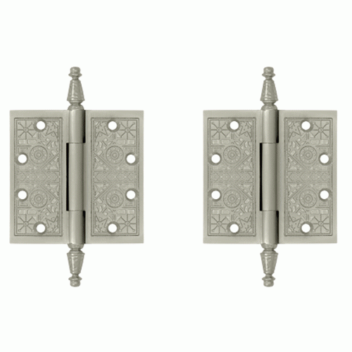 DELTANA 4 1/2 X 4 1/2 Inch Solid Brass Ornate Finial Style Hinge (Brushed Nickel Finish)