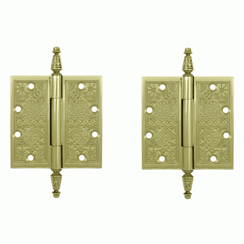 DELTANA 4 1/2 X 4 1/2 Inch Solid Brass Ornate Finial Style Hinge (Unlacquered Brass Finish)