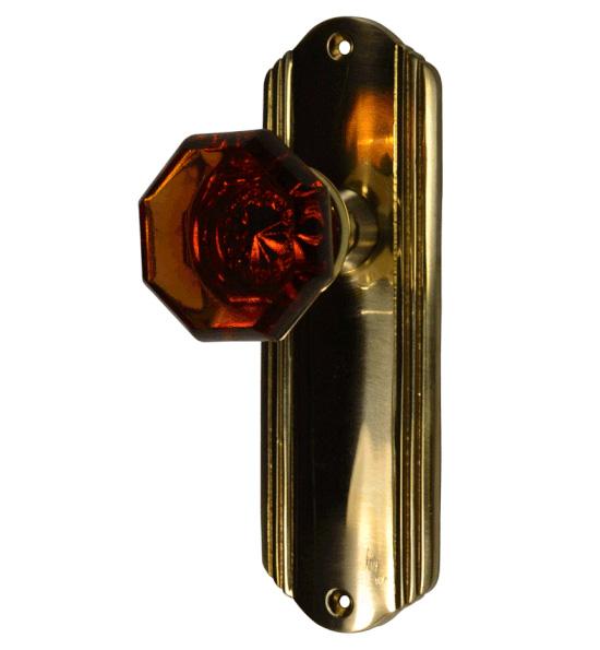 ##Antique Hardware## Art Deco Long Backplate Door Set with Octagon Amber Glass Door Knobs (Several Finishes Available)