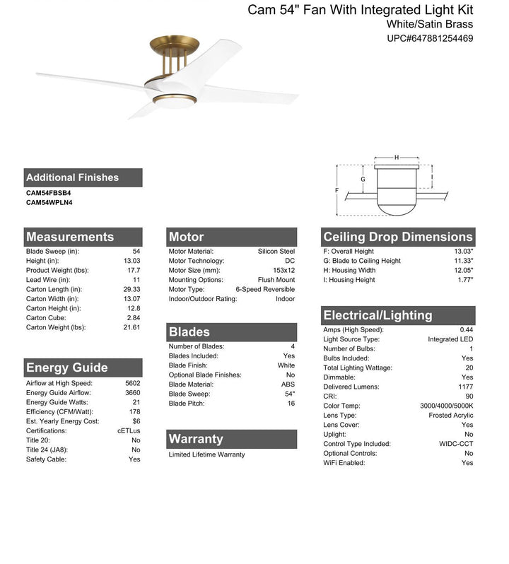 CRAFTMADE 54" Cam in White/Satin Brass w/ White Blades