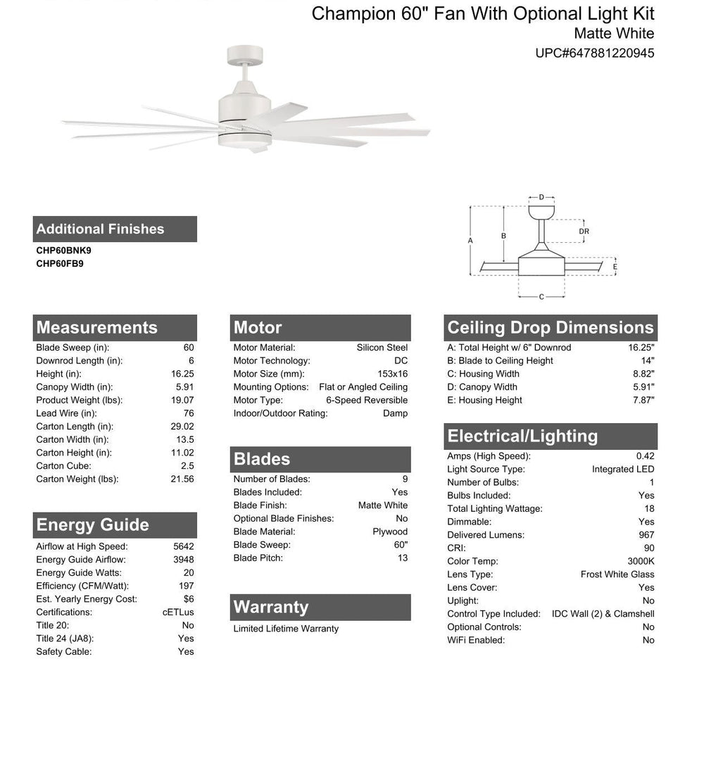 CRAFTMADE 60" Champion Indoor/Outdoor (Damp) in Matte White w/ Matte White Blades