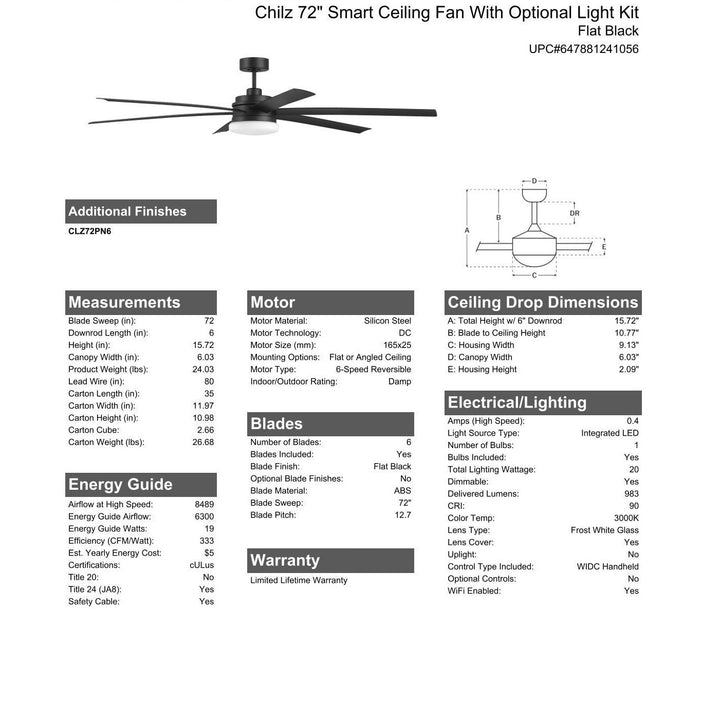 72" Chilz Smart Ceiling Fan, Flat Black, Integrated LED Light Kit, Remote & WiFi Control CRAFTMADE