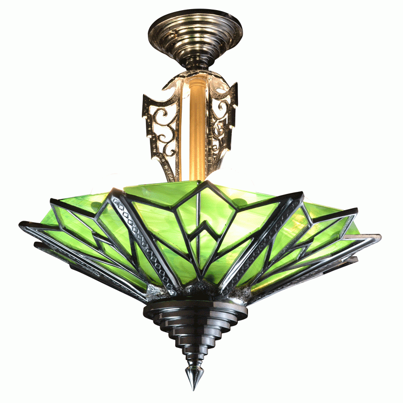 LUMEN ARIA 17 Inch Classic Art Deco Close Ceiling Light Deco Green Glass (Several Finishes Available)