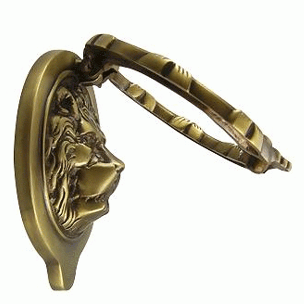 COPPER MOUNTAIN HARDWARE Ribbon & Reed 5 1/4 Inch Lion Head Door Knocker in Solid Brass (Antique Brass Finish)