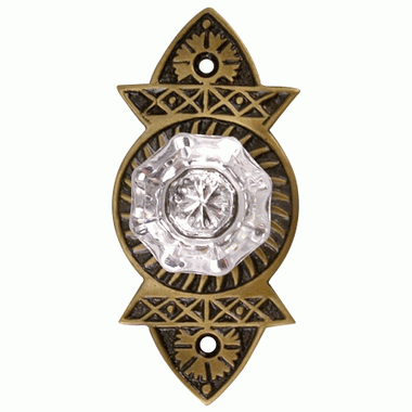 COPPER MOUNTAIN HARDWARE 1 3/8 Inch Crystal Octagon Knob Eastlake Backplate (Antique Brass Finish)