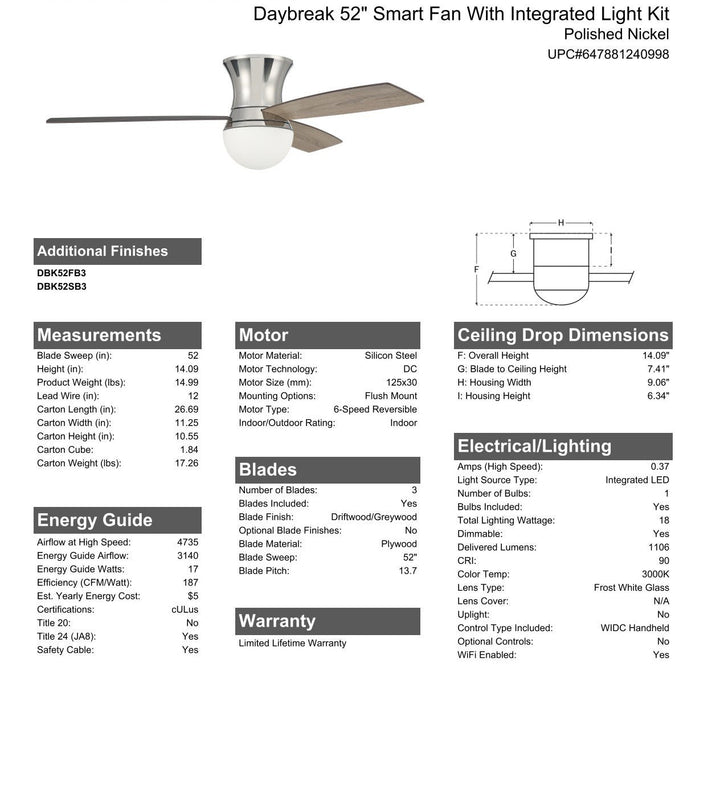 CRAFTMADE 52" Daybreak in Polished Nickel w/ Driftwood/Greywood Blades