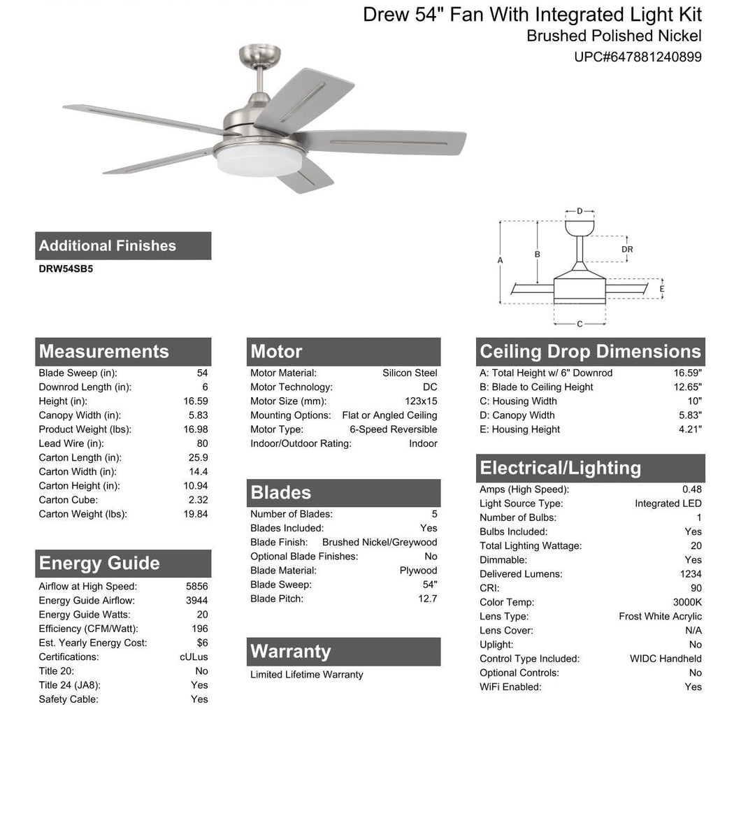 CRAFTMADE 54" Drew in Brushed Polished Nickel w/ Brushed Nickel/Greywood Blades