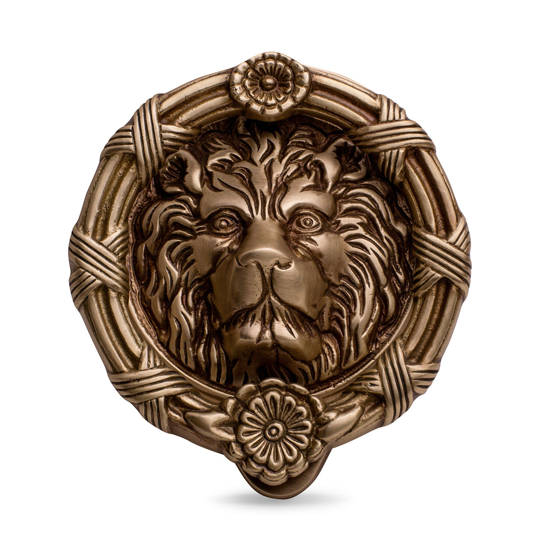 COPPER MOUNTAIN HARDWARE Ribbon & Reed 5 1/4 Inch Lion Head Door Knocker in Solid Brass (Antique Brass Finish)