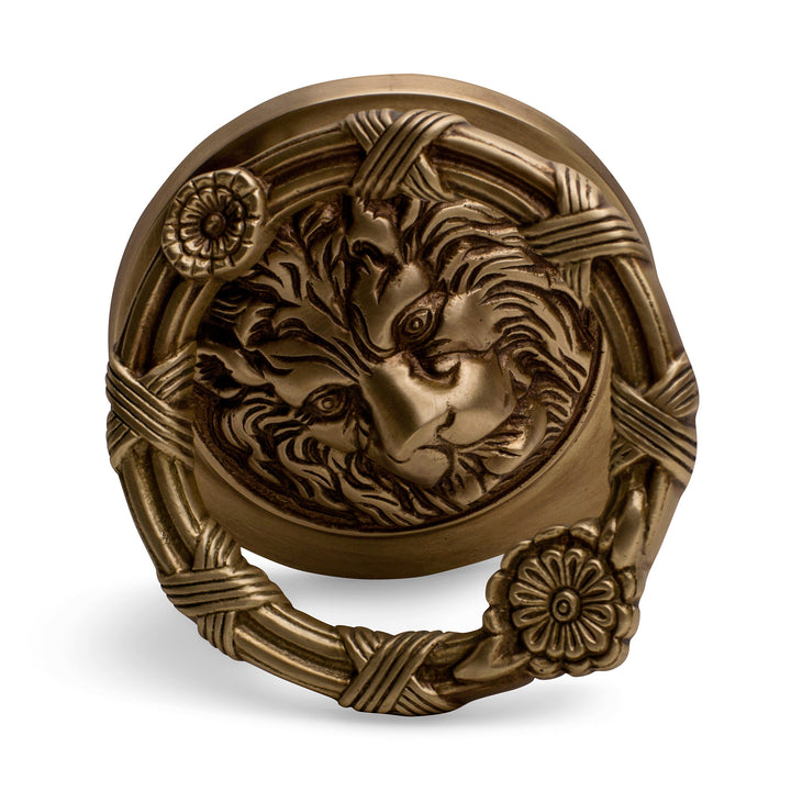 COPPER MOUNTAIN HARDWARE Ribbon & Reed 5 1/4 Inch Lion Head Door Knocker in Solid Brass (Antique Brass Finish)