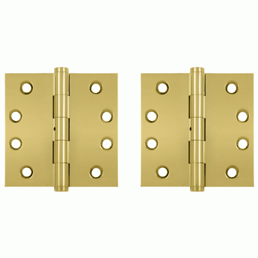 Pair 4 Inch X 4 Inch Non-Removable Pin Hinge Interchangeable Finials (Square Corner, PVD Polished Brass Finish) DELTANA