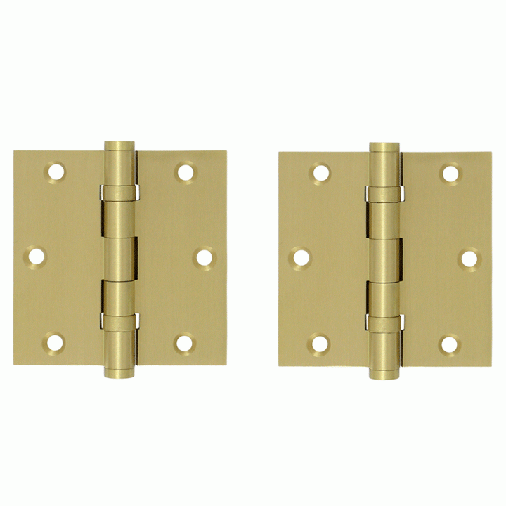 3 1/2 X 3 1/2 Inch Double Ball Bearing Hinge Interchangeable Finials (Square Corner, Brushed Brass Finish) DELTANA