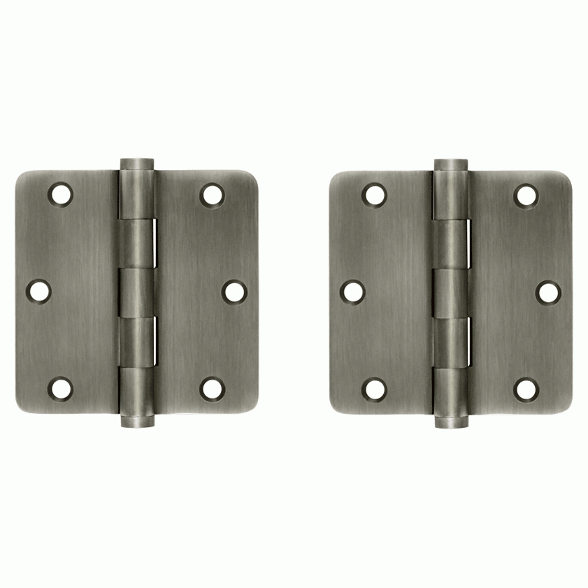 DELTANA Pair 3 1/2 Inch X 3 1/2 Inch Solid Brass Hinge Interchangeable Finials (1/4 Radius Corner, Antique Nickel Finish)