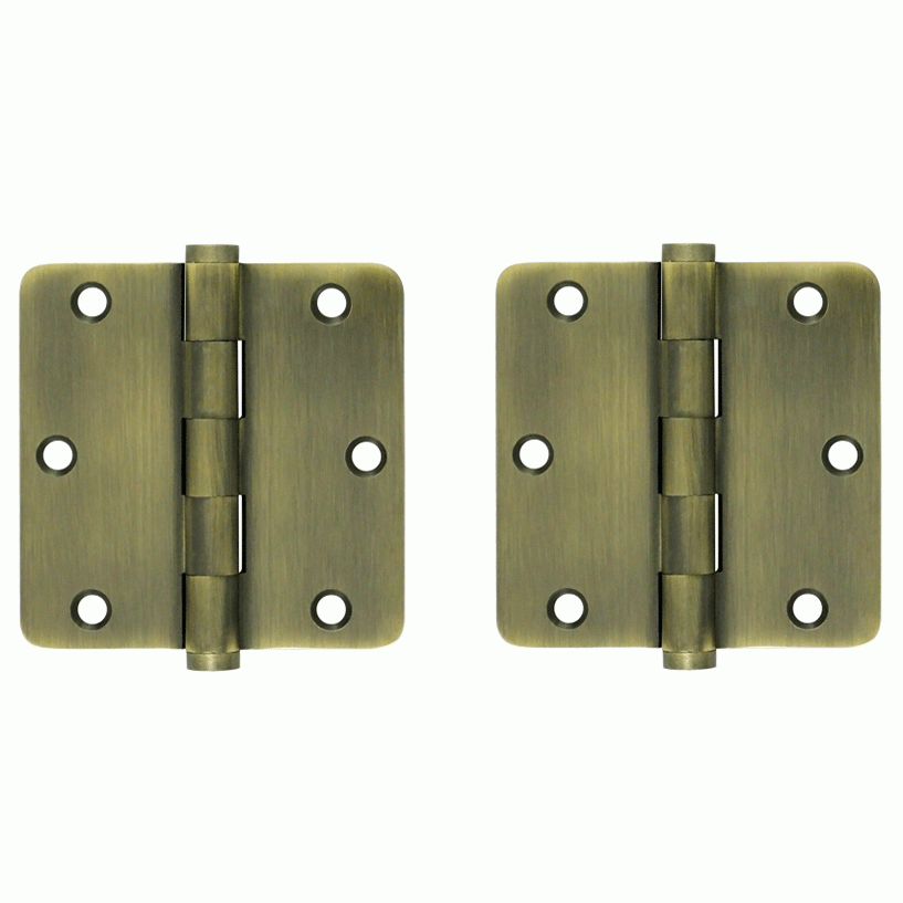 DELTANA Pair 3 1/2 Inch X 3 1/2 Inch Solid Brass Hinge Interchangeable Finials (1/4 Radius Corner, Antique Brass Finish)