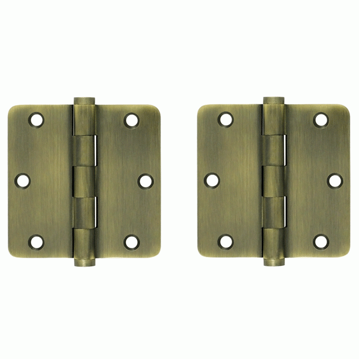 DELTANA Pair 3 1/2 Inch X 3 1/2 Inch Solid Brass Hinge Interchangeable Finials (1/4 Radius Corner, Antique Brass Finish)