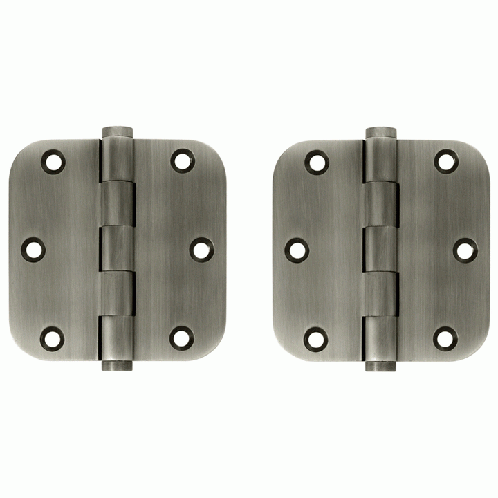 DELTANA Pair 3 1/2 Inch X 3 1/2 Inch Solid Brass Hinge Interchangeable Finials (5/8 Radius Corner, Antique Nickel Finish)