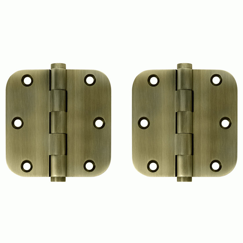 DELTANA Pair 3 1/2 Inch X 3 1/2 Inch Solid Brass Hinge Interchangeable Finials (5/8 Radius Corner, Antique Brass Finish)