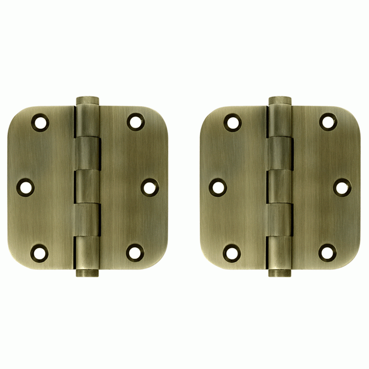 DELTANA Pair 3 1/2 Inch X 3 1/2 Inch Solid Brass Hinge Interchangeable Finials (5/8 Radius Corner, Antique Brass Finish)