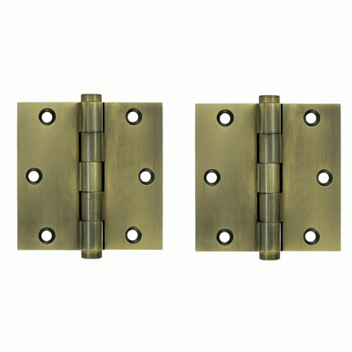 3 1/2 X 3 1/2 Inch Solid Brass Hinge Interchangeable Finials (Square Corner, Antique Brass Finish) DELTANA