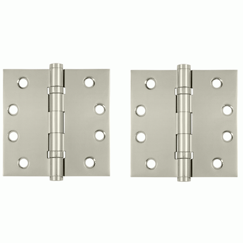 Pair 4 Inch X 4 Inch Double Ball Bearing Hinge Interchangeable Finials (Square Corner, Polished Nickel Finish) DELTANA